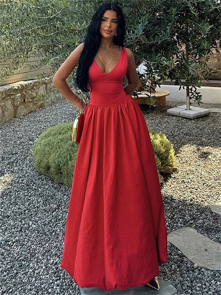 nvxiot - Fall Outfits 2024 Casual V-Neck Sexy Long Dress For Women Pleated Backless High Waist Patchwork Slim Party Dress Female Elegant Maxi Dress