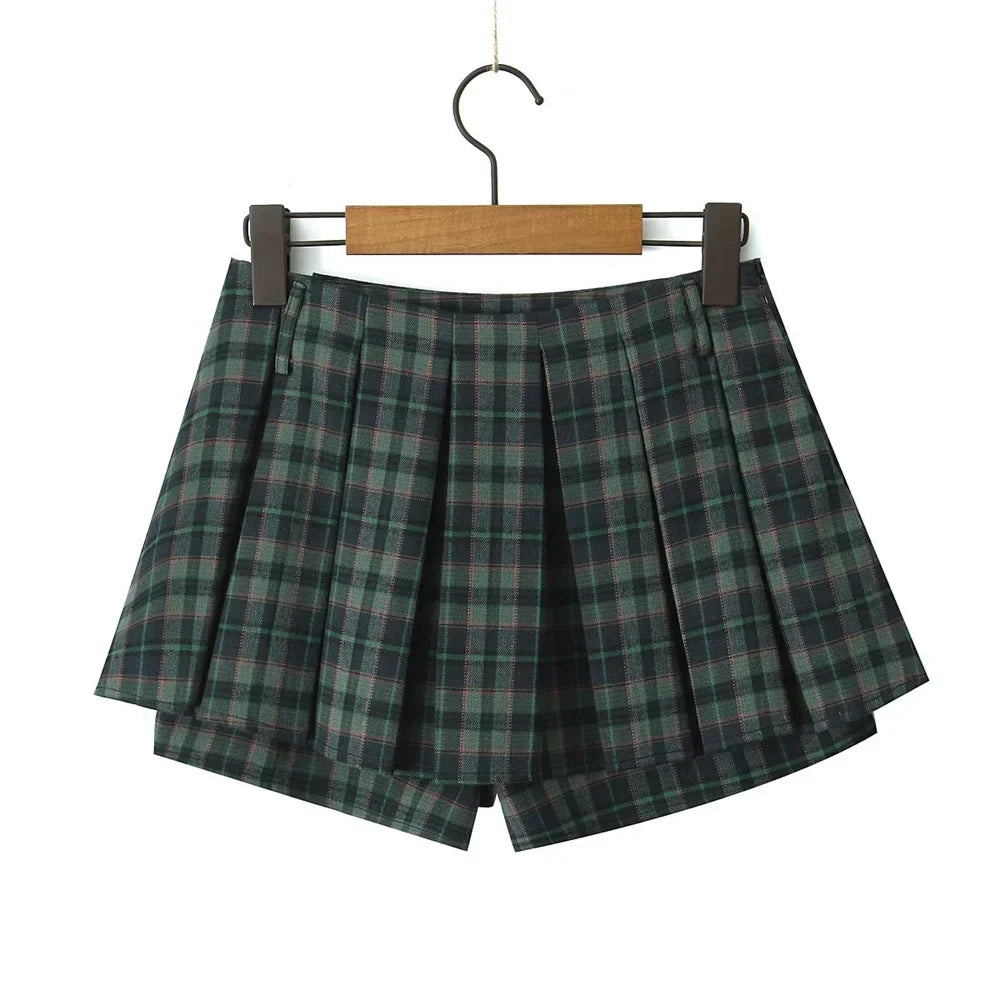 MQTIME - 2024 Summer New Product Women's Retro Slim Fit Temperament Anti Shining A-line Mid Waist Plaid Half skirt