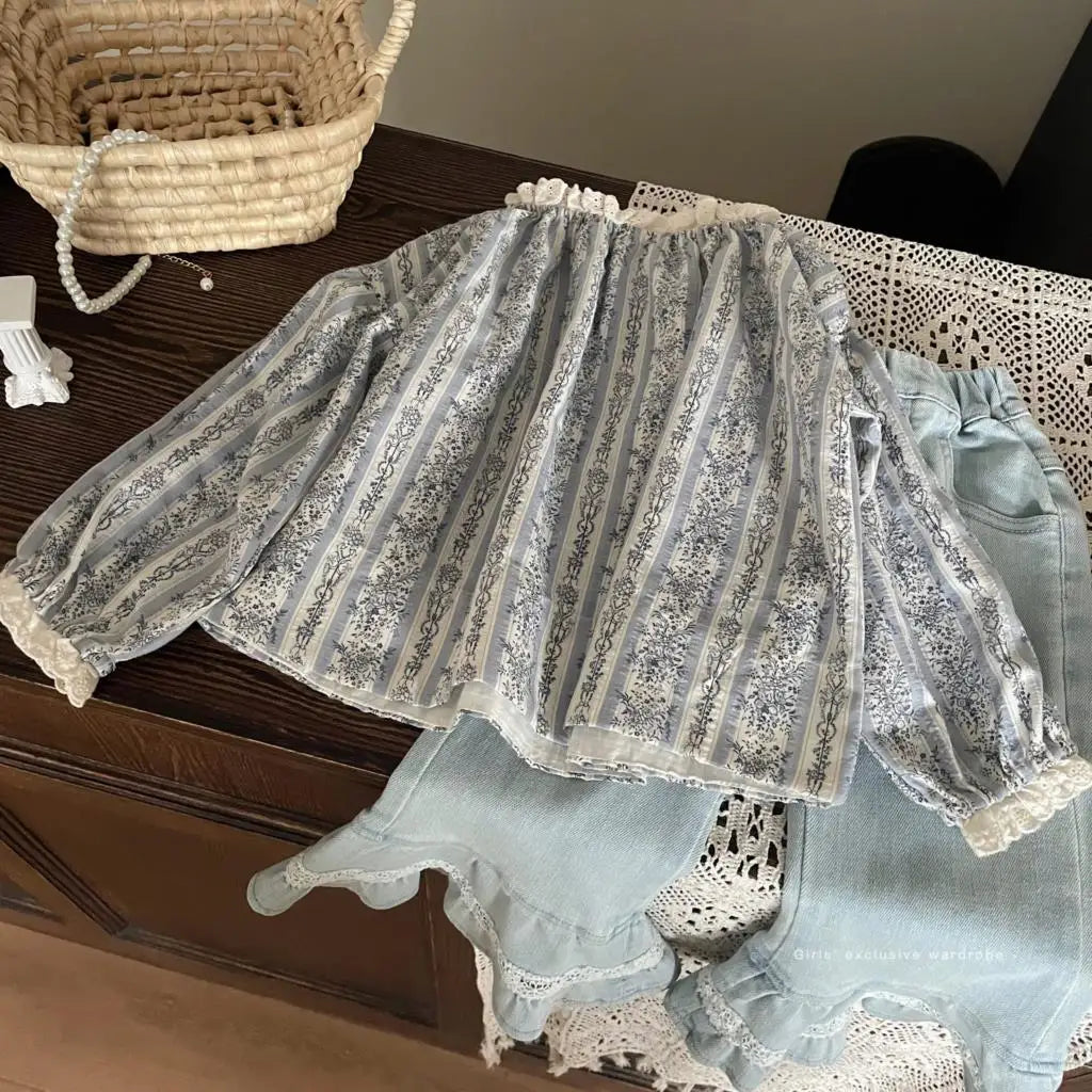 MQTIME - 2024 Spring Children Girl 2PCS Clothes Set Lace Collar Floral Printed Shirt Solid Vintage Hem Denim Flared Pant Baby Girl Outfit