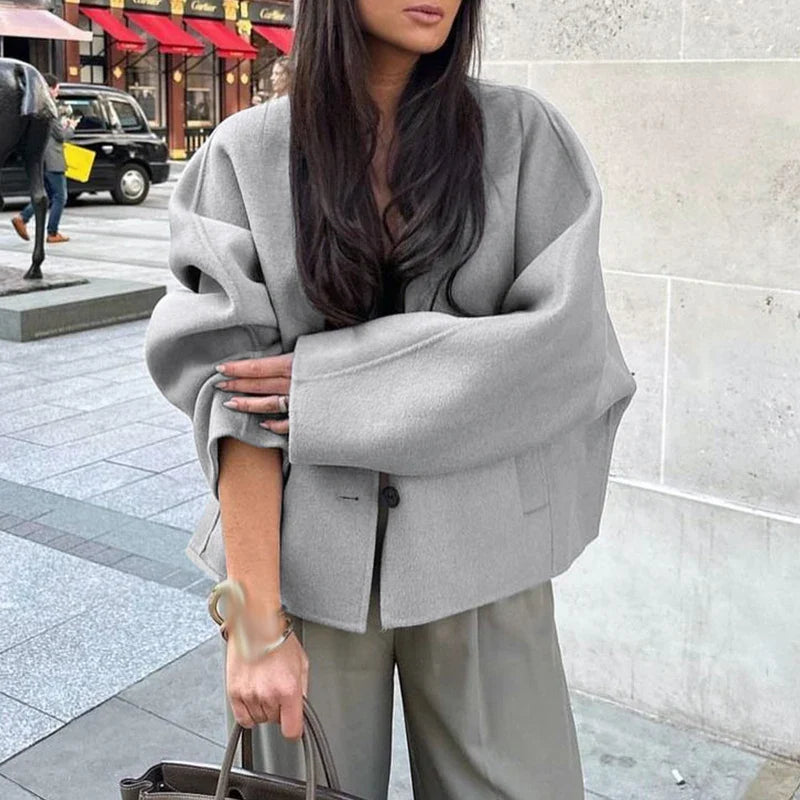 nvxiot Vintage Woolen Oversized Short Overcoat Jacket Women Fashion Button V-Neck Long Sleeved Coats Winter Loose Street Outerwear