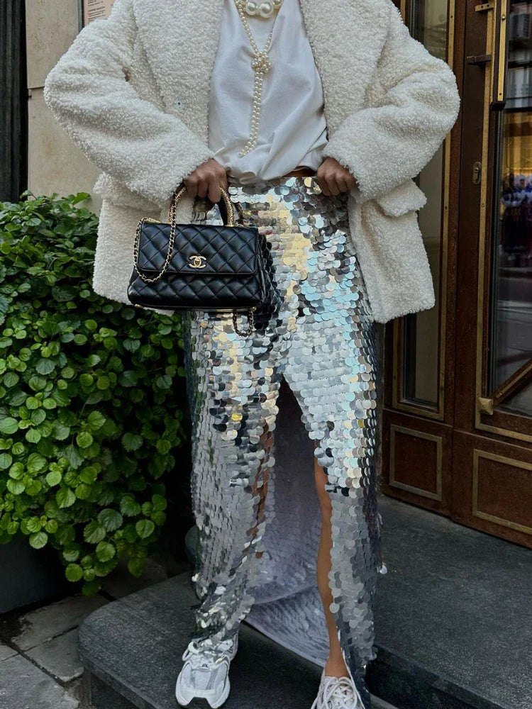 nvxiot - Party Shiny Sequined Skirt Hot Girls Fashion High Waist Slit Loose Long Skirts Femme Street Fashion Club Sexy Maxi Skirt