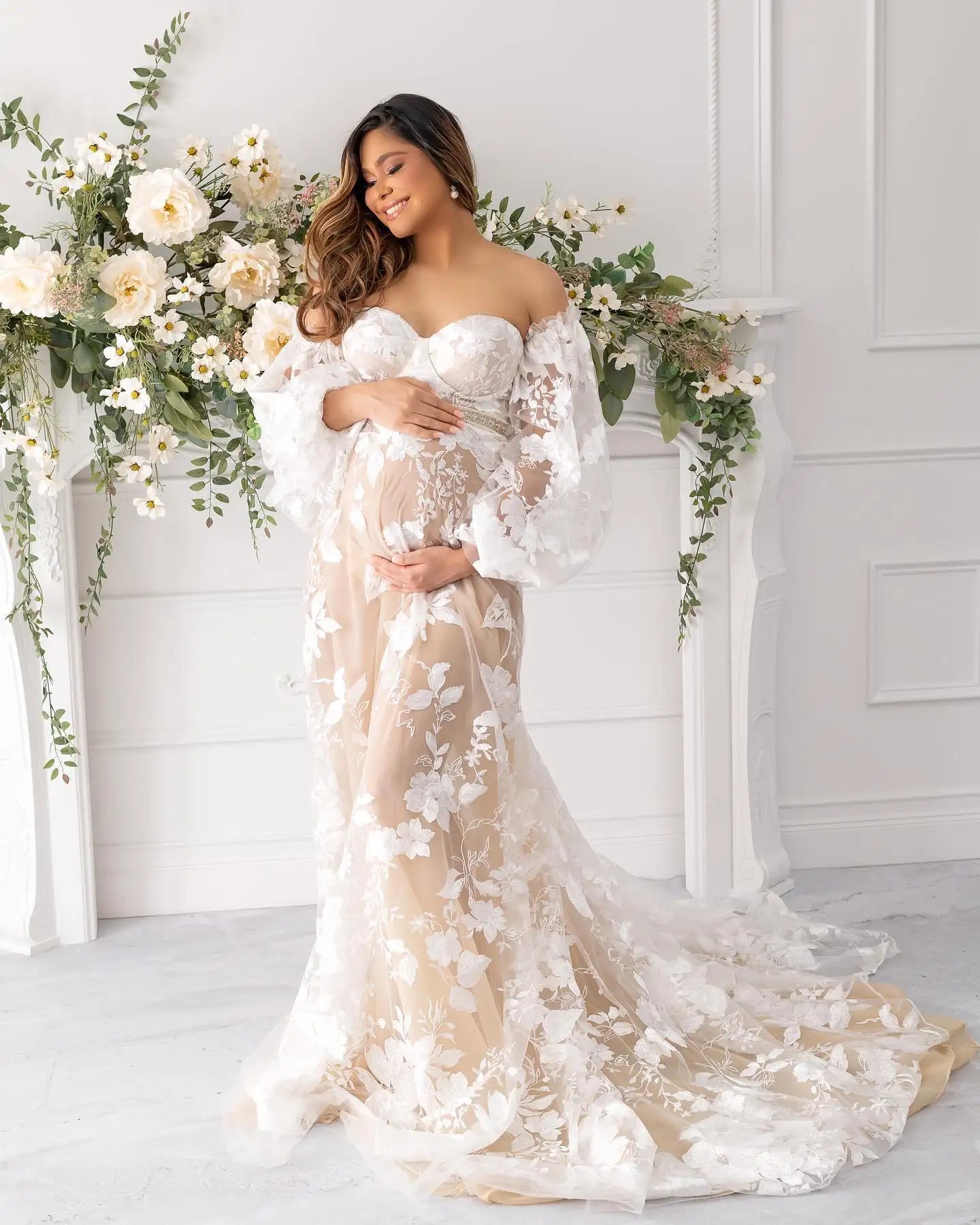 nvxiot - Bohemian Lace Maternity Evening Robes for Photo Shoot Fotos Gowns Long Sleeve Nightgown Baby Shower Dresses for Bride Party