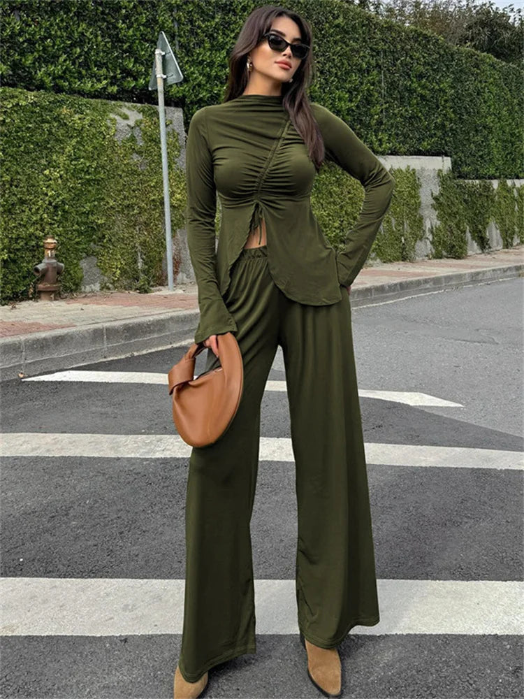 nvxiot - Fall Outfits 2024 Pleated Lace-Up 2 Piece-Set Casual Trousers Slim Long Sleeve Cropped Top And Patchwork Trousers Sets Female Pants Sets New