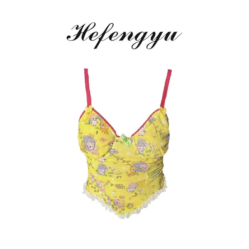 nvxiot - Dog Print Halter Vest Female Summer Slim Age Reduction Y2k Crop Top Lace Splicing Sling Top Korean Fashion Ropa De Mujer