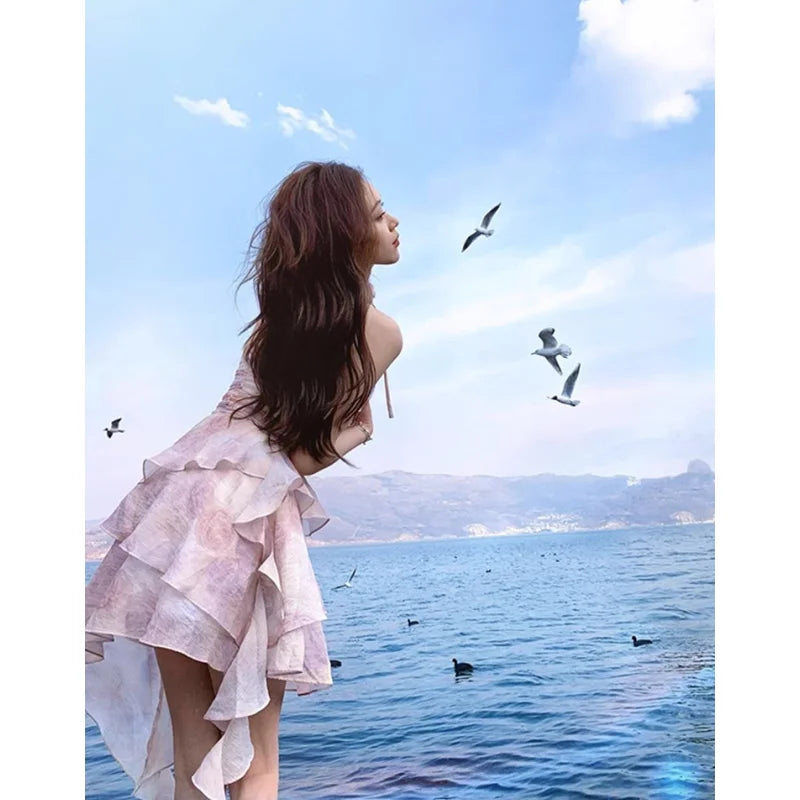 nvxiot Summer Pink Dresses for Women Backless Chic Sling Ruffled Temperament Sexy Fashion Suspender Simple Y2K Elegant New Dresses