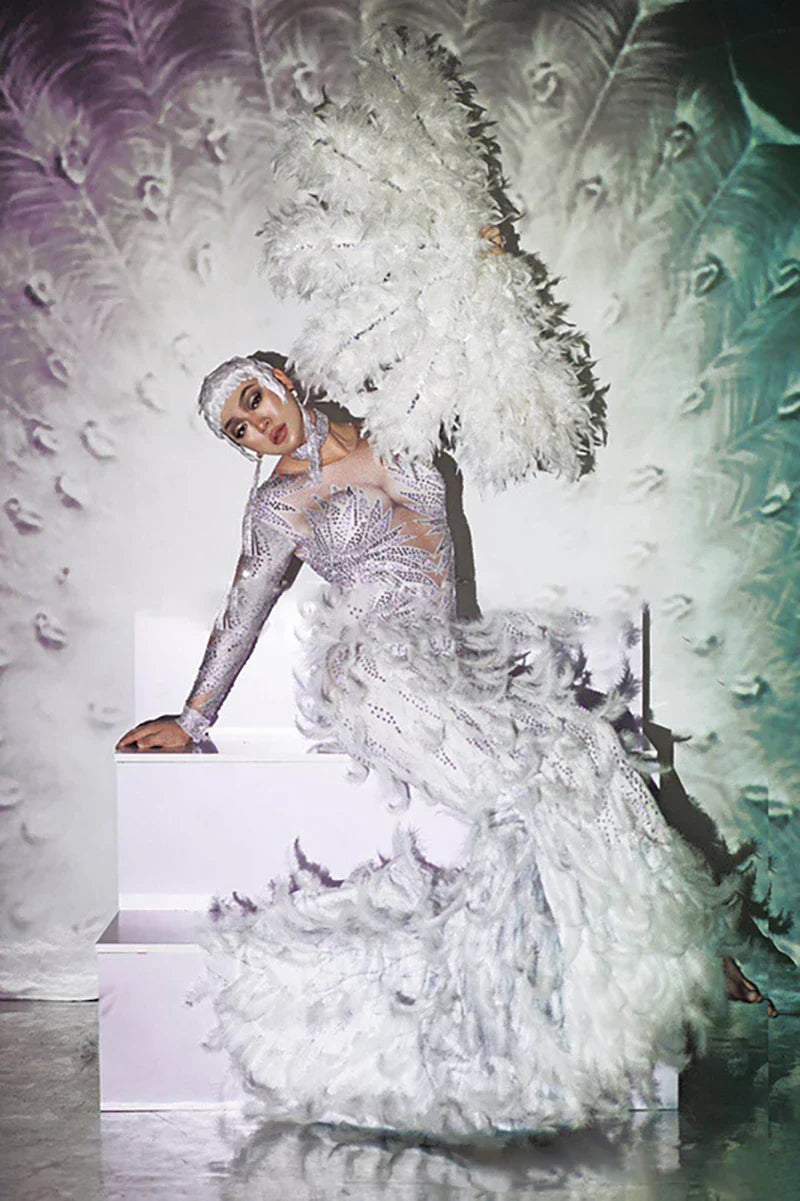 nvxiot - Maternity Photography Dress Rhinestone High Elastic Fabric Stitched Gauze Feather Skirt Sexy Maternity Dress For Photo Shooting