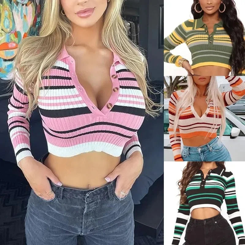 MQTIME - 2024 Autumn Winter Neck Knit Sweater Crop Top Female Turn-Down Collar Long Sleeve Sexy Striped Top Women Y2K Streetwear YDL43