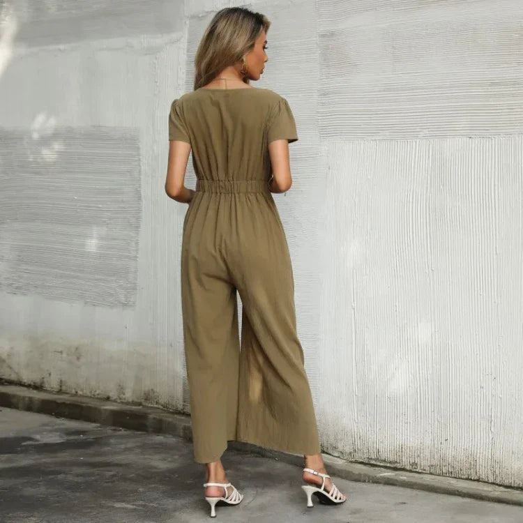 MQTIME - Sexy V-Neck Solid Color Women Jumpsuits Short Sleeve Bandage Casual Commute Playsuits Summer New Fashion Bodysuit Wide Leg Pants