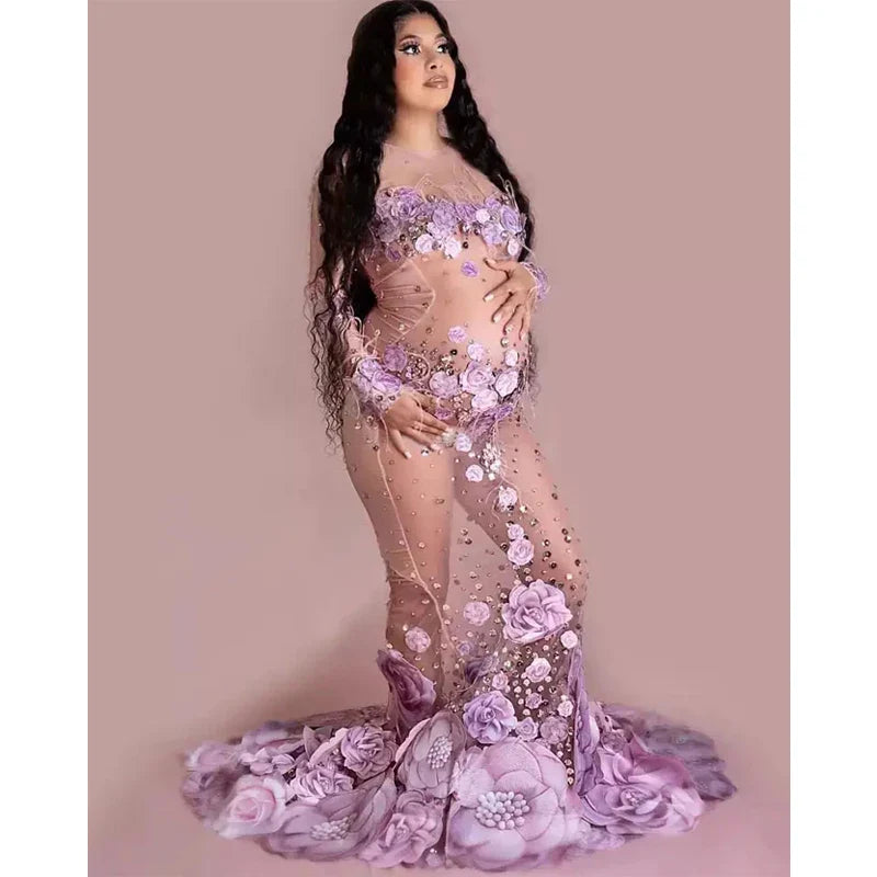 nvxiot - New 2024 Shiny Diamonds Romantic Pink Rose Elegant Maxi Maternity Dress Photoshoot Sexy Dress