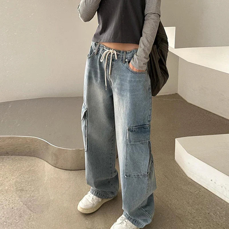 nvxiot American lace-up low waist cargo jeans women's wash blue loose draping mopping pants large pocket denim cargo pants summer thin