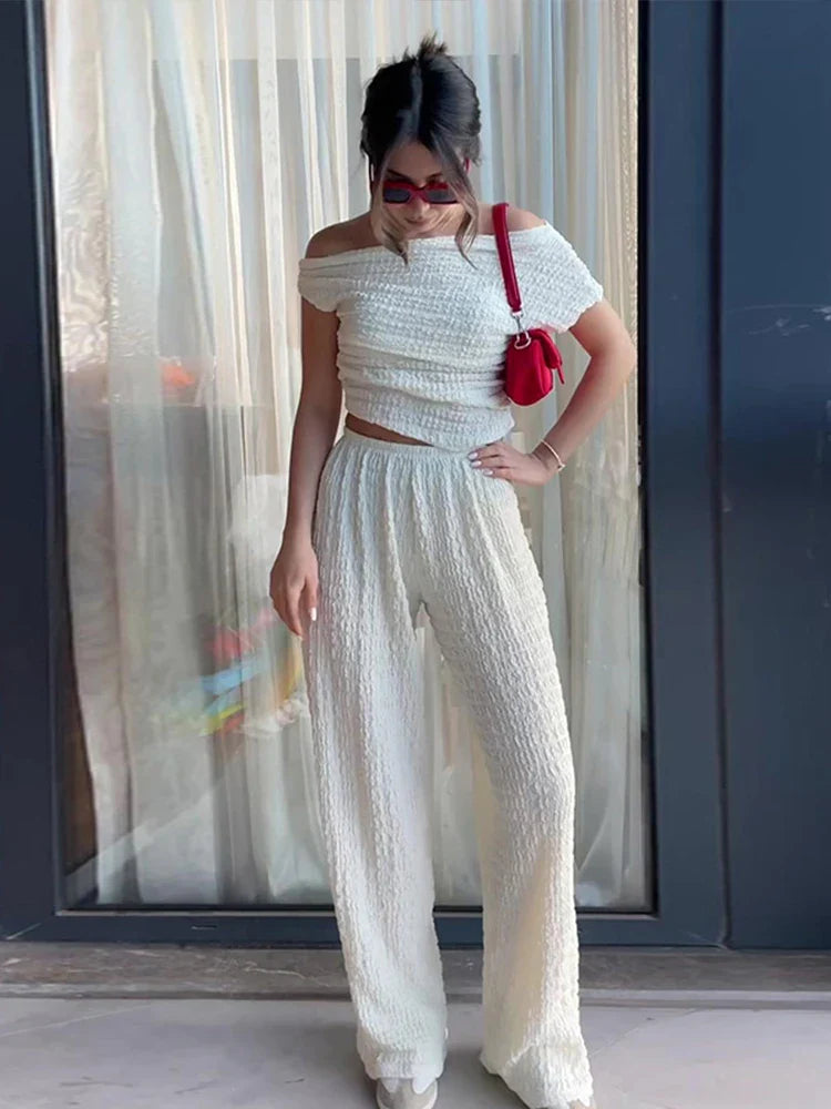 nvxiot - Off Shoulder Pant Suit Women Fold Sleeveless Top Wide Leg Pants Female Set 2024 Summer Fashion Solid Street 2 Pieces Sets