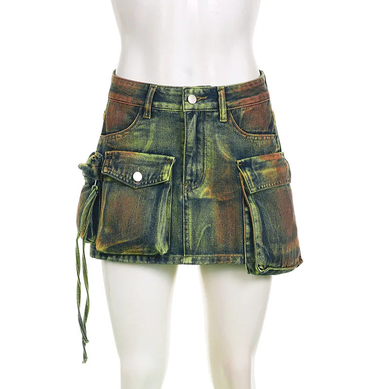 nvxiot - Vintage Tie Dye Print Cargo Mini Denim Skirts Women Fashion Multi Pocket Mid Waist Button Fly Casual Jeans Bottom Y2K Streetwear