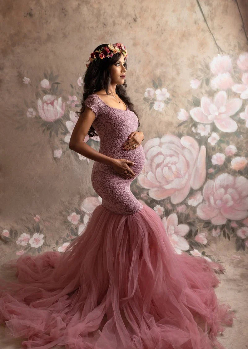 nvxiot - Elegant Mauve Lace Tulle Patchwork Maternity Mermaid Dress Photoshoot Short Sleeved Pregnant Fishtail Dresses Bride Gown