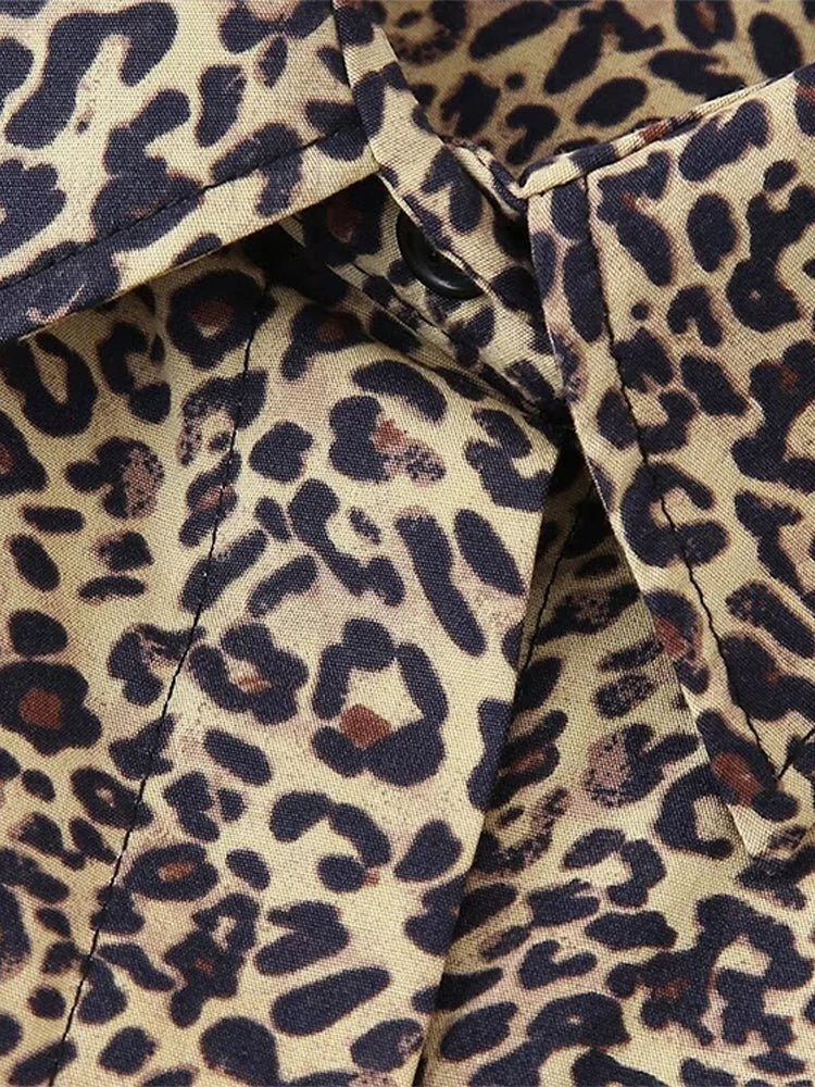MQTIME - Leopard Print Shirts Shorts Sets Women 2024 Summer Single Breasted Lapel Short Sleeve Shirt Wide Leg Drawstring Shorts Outfits