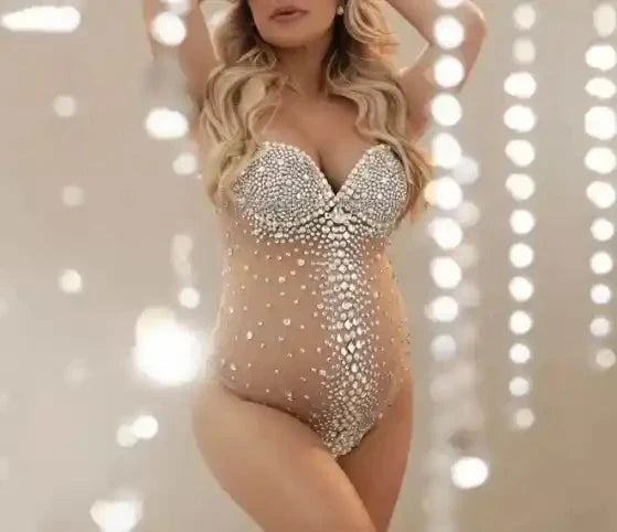 nvxiot - Fashion New Sexy Black Mesh Shiny Crystals Maternity Wear Short Elegant Jumpsuit For Women Commemorative Art Photo