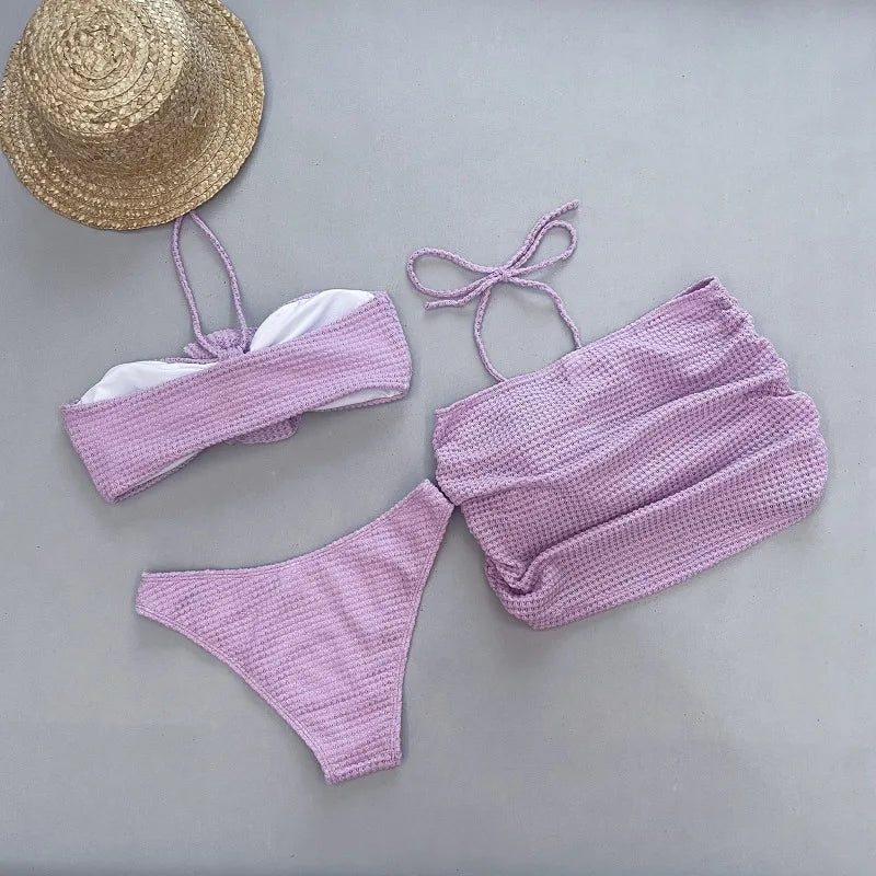 nvxiot - 3D Flowers Solid Crochet Knitted 3 Piece Set Swimwear Wineb Sext Strapless Crop Tops + Briefs + Mini Skirts Holiday Beach Suits