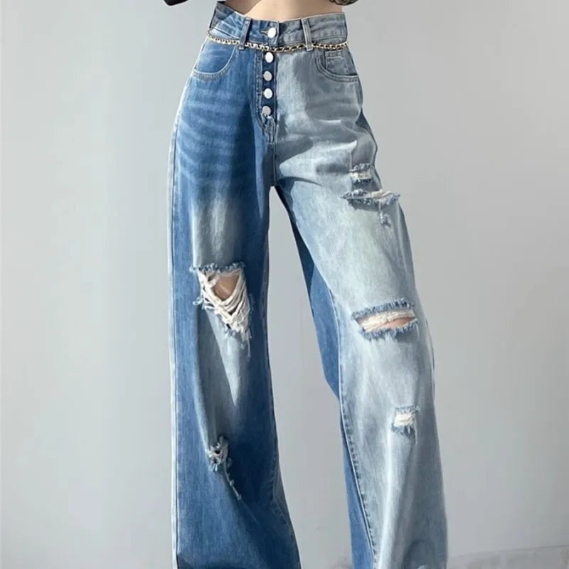 nvxiot - Perforated High Waisted Jeans For The 2023 Summer Women'S New Design Sense, Slim And Popular Straight Tube Blue Washed Wide Leg