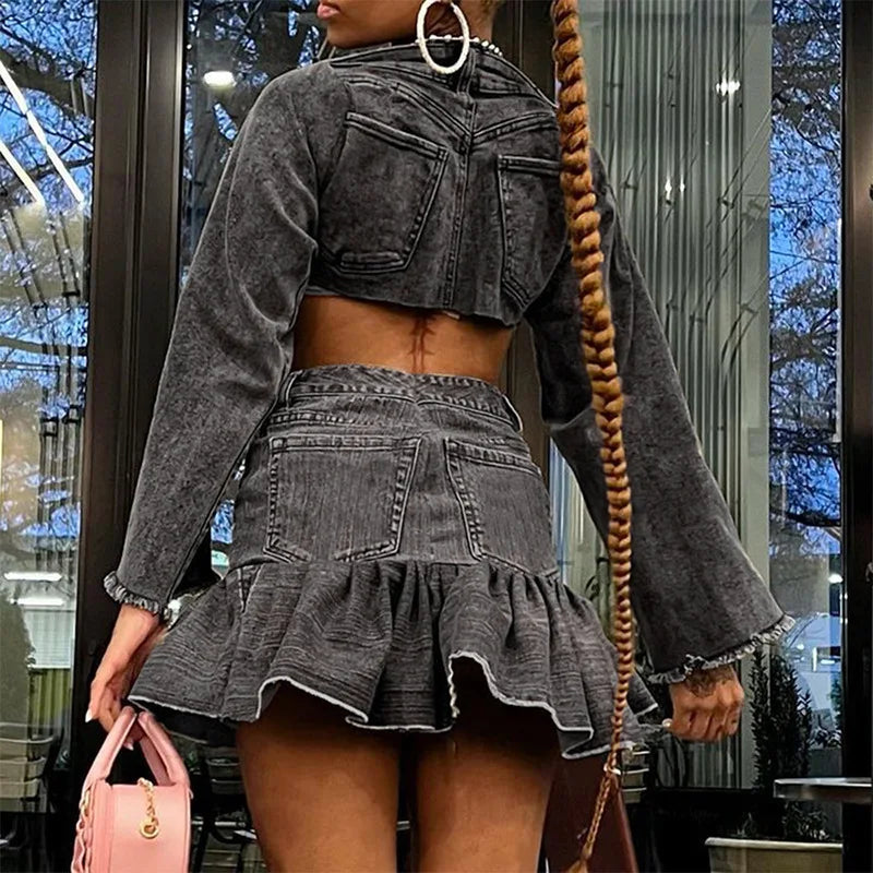 nvxiot - Autumn Winter Jeans Two Piece Set Women Buttons Tassel Full Sleeve Crop Tops High Waist Slim Ruffles Mini Skirt Denim Streetwear