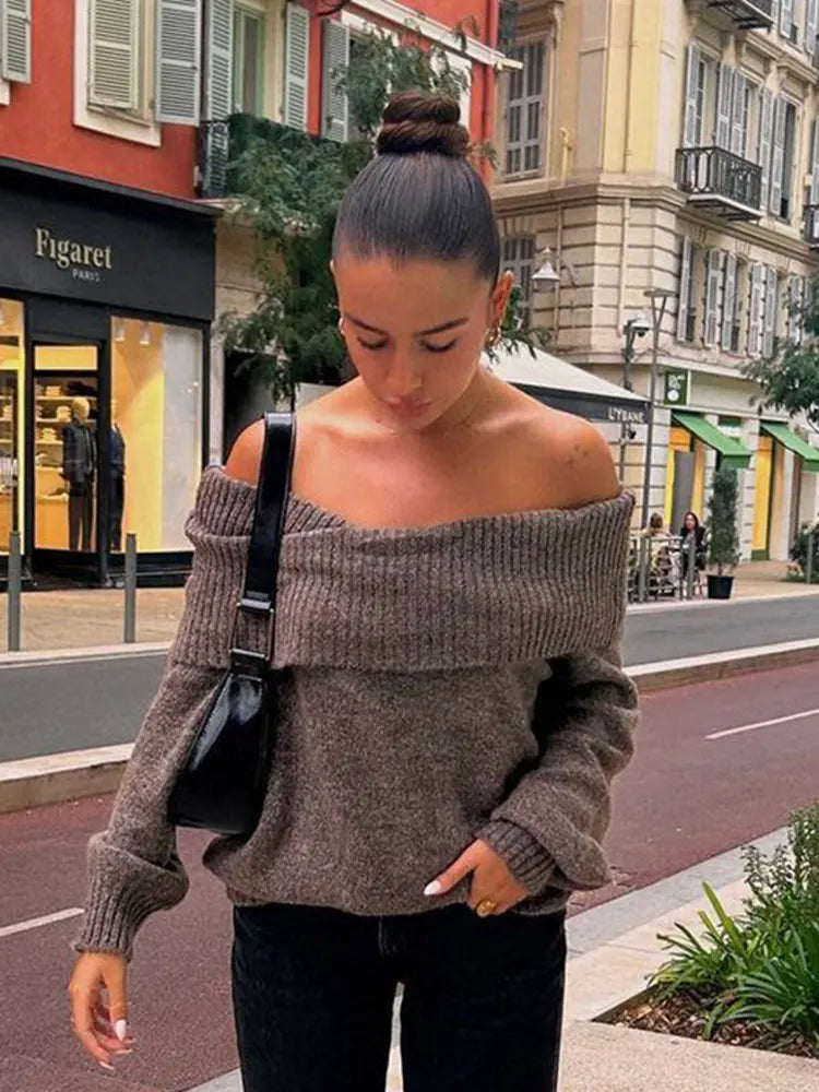 nvxiot Elegant Blue Women Casual Slash Neck Knit Jumper Autumn Chic Casual Long Sleeve Loose Pullover Sweater Lady Office Party Outwear