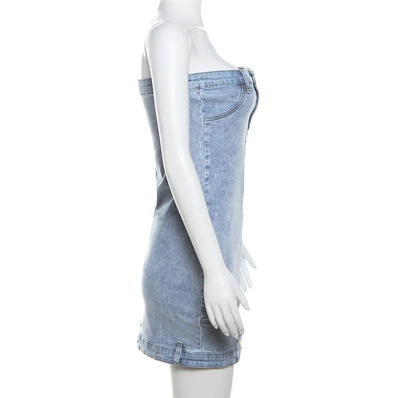 nvxiot - Zipper Button Fly Strapless Jeans Dress Women Sexy Wrap Chest Sleeveless Backless Slim Denim Mini Casual Dresses Clubwear Outfit