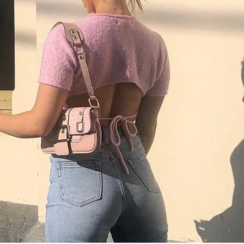 MQTIME - summer new sexy open waist hollow strap slim round neck short-sleeved knitted top T-shirt graphic tees aesthetic clothes