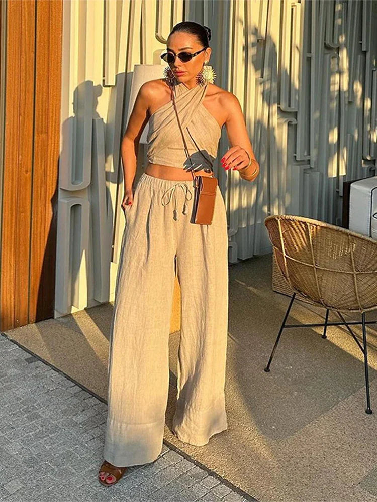 MQTIME - Casual Halter Tank Top Pants Set Women Sexy Sleveless Backless Cropped Top Drawstring Wide Leg Trouser 2024 Summer Women's Suit