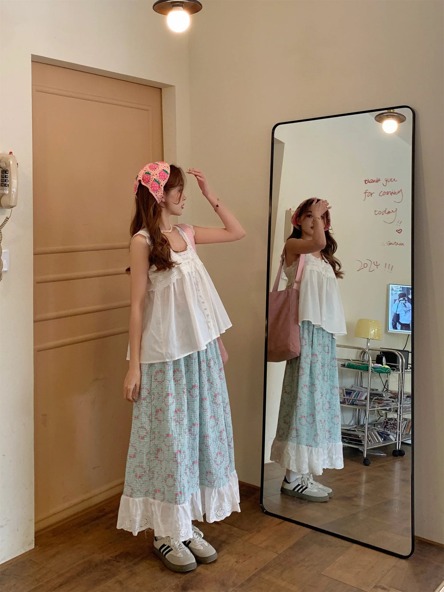 MQTIME - Flower Plaid Skirt with Lace Hem Green White Contrast Cute Midi Long Skirts #e-girl fairycore 2000s y2k aesthetic korean clothes