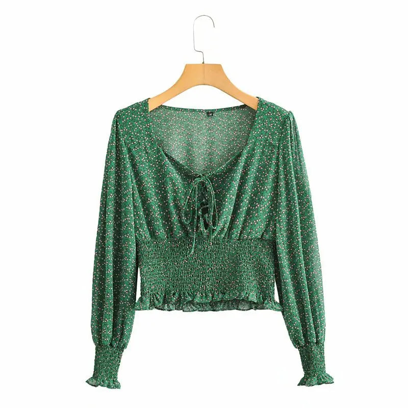 nvxiot - Women Summer Cottagecore Floral Print Blouse Shirt Indie Lace Up Tops Blouses Woman Long Sleeve Shirts Flower Green Tops 2024