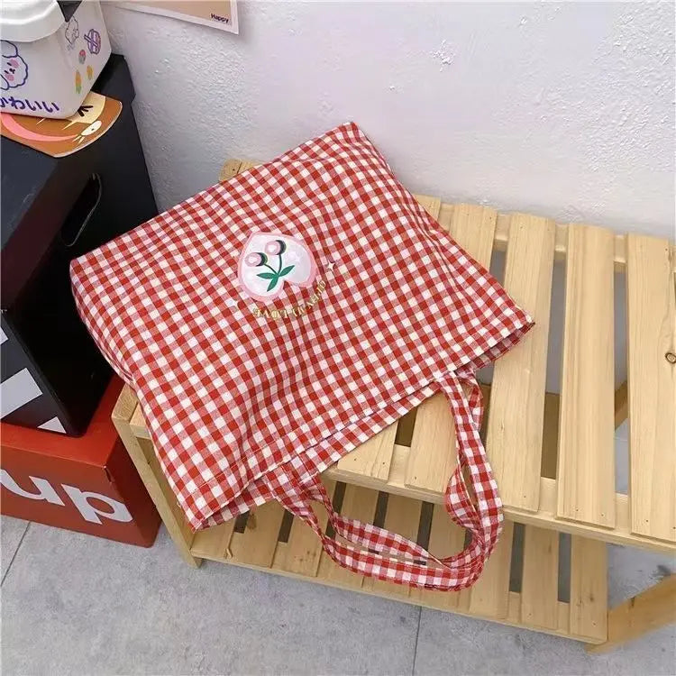 nvxiot - Plaid Red Canvas Shoulder Bag Women Summer Large Capacity Casual Handbags Ladies Vintage Harajuku Cute Tote Bag Y2k