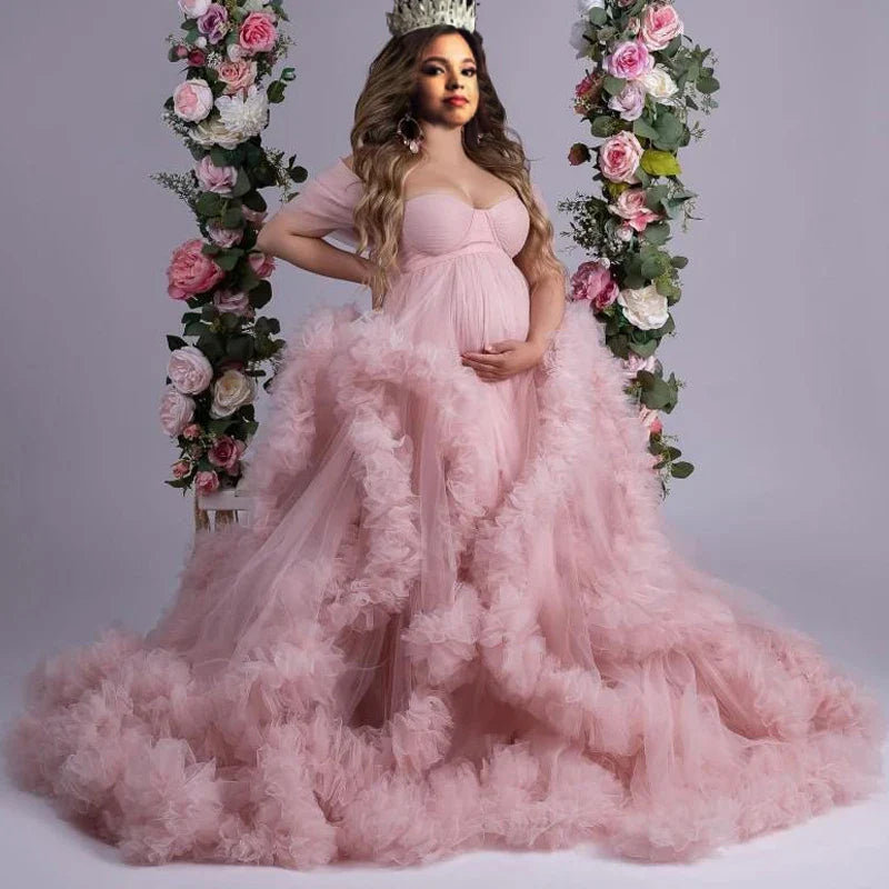 nvxiot - Pearl Tulle Maternity Dress for Photoshoot Long Puffy Sleeve Off Shoulder Babyshower Bridal Pregnancy Gowns