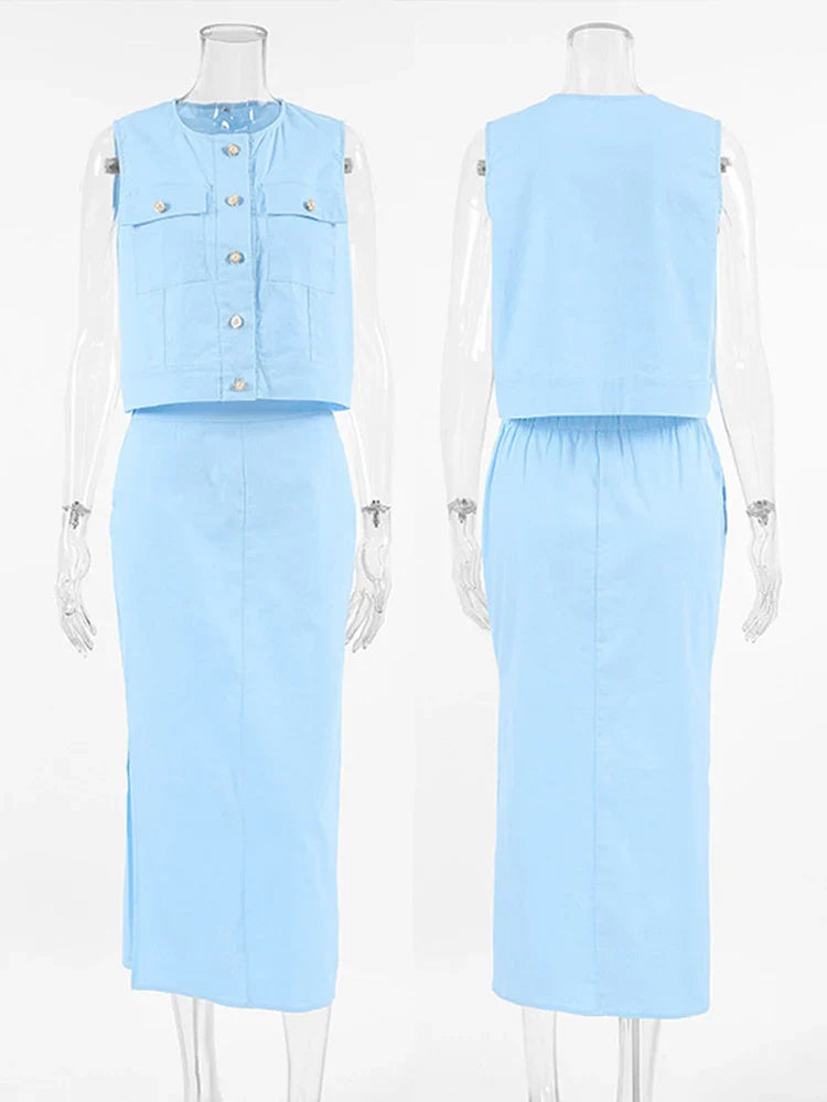 MQTIME - Elegant Two-piece Skirt Suit Women Casual Single Breasted Tops Elastic Waist Midi Skirt 2024 Summer Office Lady Slim Fit Outfits