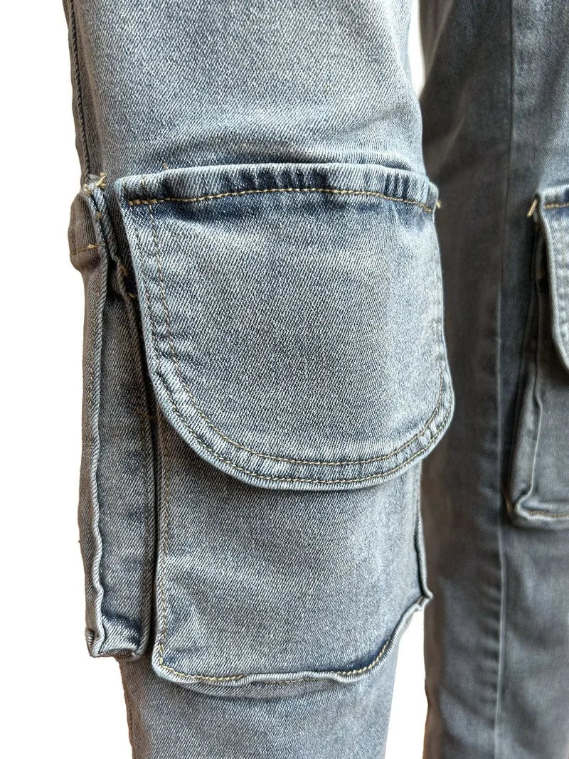 nvxiot - Multi Pockets Women Denim Cargo Pants High Stretch Cross Straps Button Fly Slim Casual Streetwear Jeans Trousers All Match
