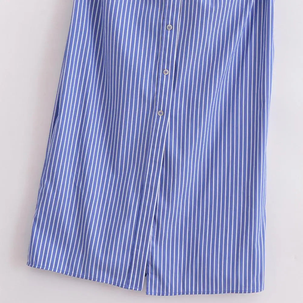 MQTIME - Summer Stripe Off Shoulder Long Dress Casual Sleeveless Single Breasted Dresses V-Neck Pleated Versatile Vestidos for Streetwear