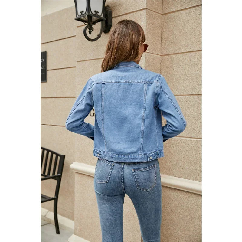MQTIME - 2024 New Women Short Denim Jackets Fashion Female Casual Long Sleeve Lapel Solid Button Pocket Slim Jean Jacket Fall Winter Coat