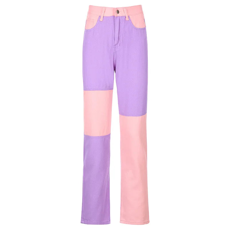 nvxiot Summer new straight leg jeans women'sEurope and the United States hip-hop street color splicing thin casual jeans and trousers