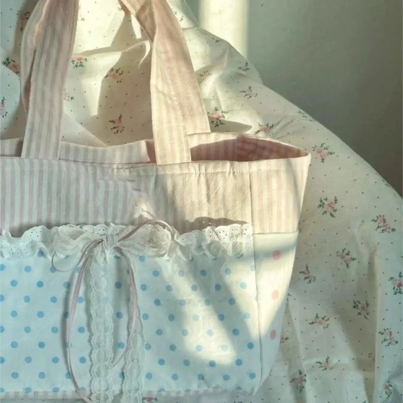 nvxiot - Harajuku Large Capacity Canvas Bag Women Versatile Bow Lace Canvas Shoulder Bags Female Sweet Cute Y2k Handbag Aesthetic