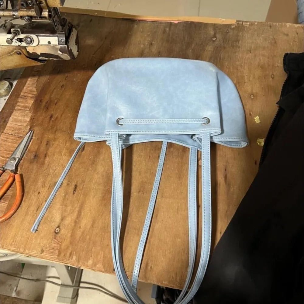 nvxiot - Harajuku Bow Blue Underarm Bags Women Hot Girls Leather Chic Casual Y2k Handbag Female Retro Cute Mini Bucket Bag 2024