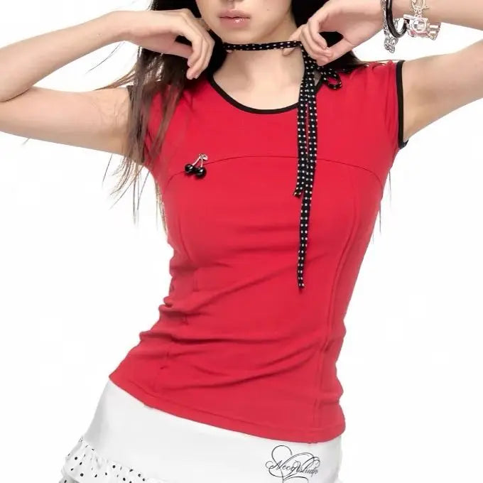 MQTIME - Cherry Pendant Bodycon Skinny Crop Top Short Sleeve T-Shirt TShirt Cropped harajuku fairycore 2000s y2k grunge korean cloth cute