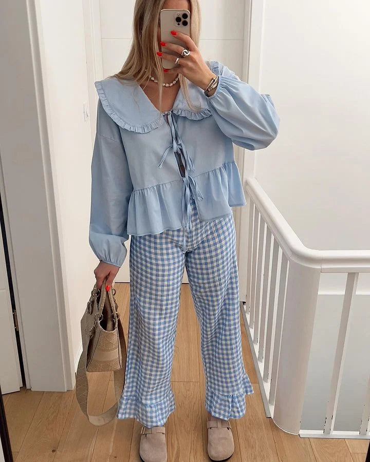 MQTIME - New Chic Lace Up Blouse for Women 2024 Spring Summer Fashion Lantern Long Sleeve O Neck Shirts Female Cropped Tops Streetwear