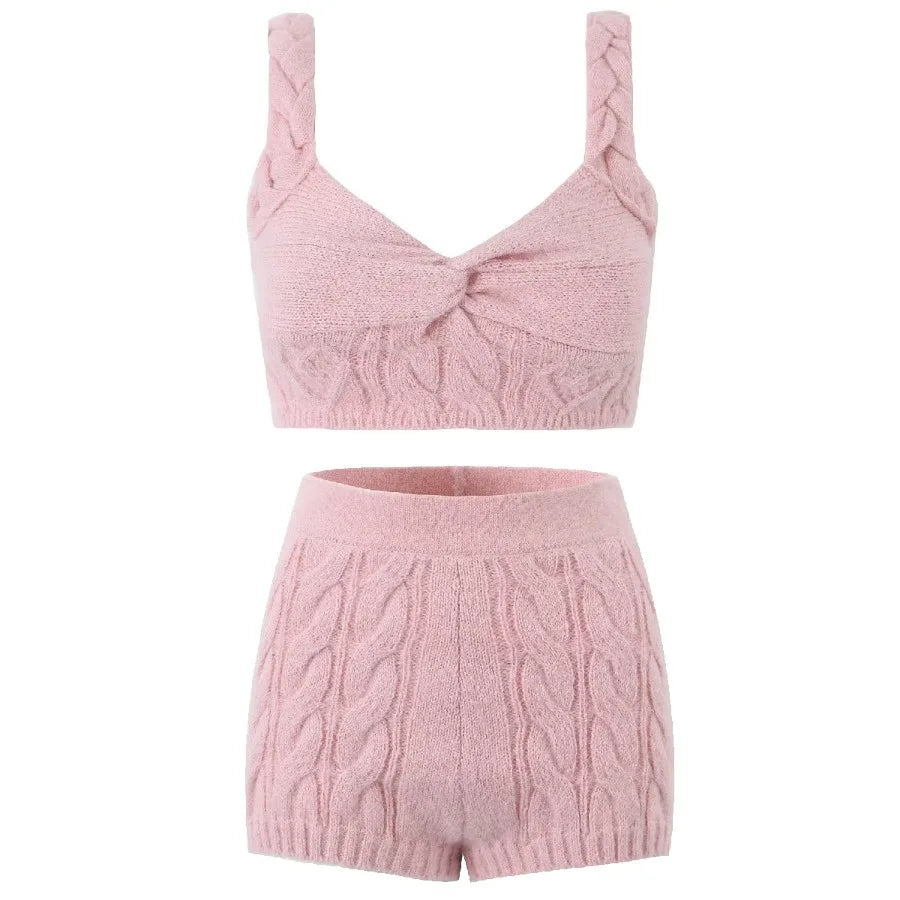 MQTIME - Two Pieces Set, 3 Piece Set, Solid Outfit Button Crystal Rhinestone Sweater Coat Crop Top, Elastic Waistband Short Tracksuit y2k