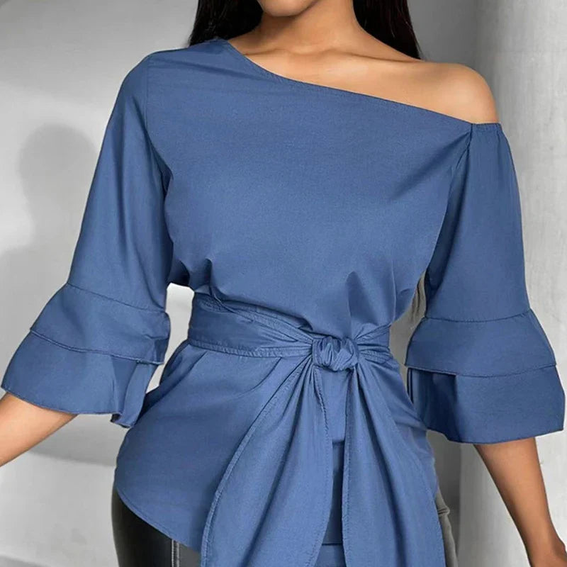 nvxiot - New Spring Casual Flared Sleeve Commuting Shirt Women's Loose Solid Color Pullover Fashion Diagonal Neck Bow Tie Up Top Blouses