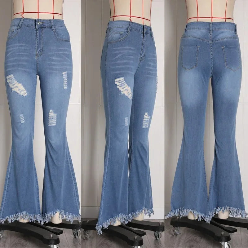 nvxiot - Women Ripped Vintage Fashion All-match Slim Pants Ladies Denim Flare Jeans Denim Skinny Female Wide Leg Hole Trousers Pop