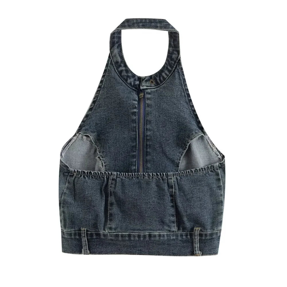 MQTIME - 2024 Summer New Product Women's Vintage Personalized Denim Tank Top with Hanging Neck Slim Fit Top