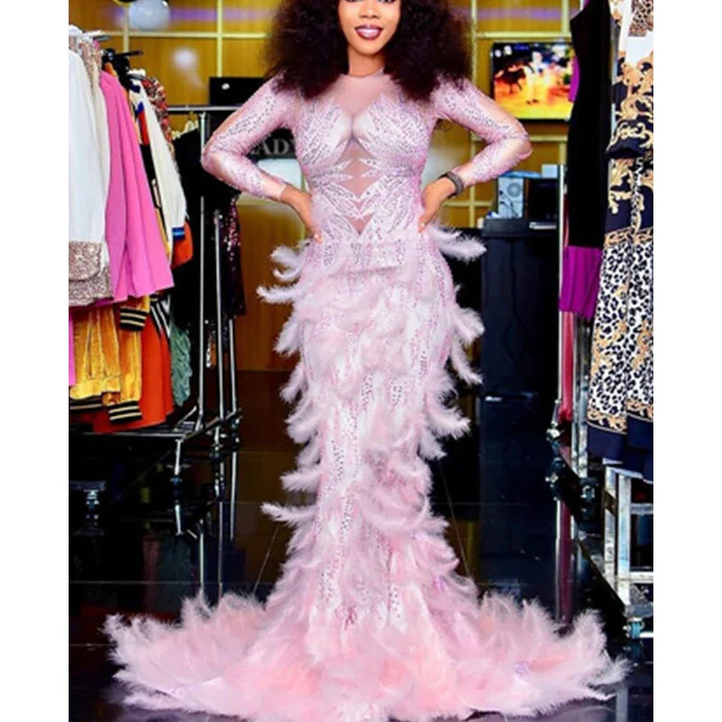 nvxiot - Maternity Photography Dress Rhinestone High Elastic Fabric Stitched Gauze Feather Skirt Sexy Maternity Dress For Photo Shooting
