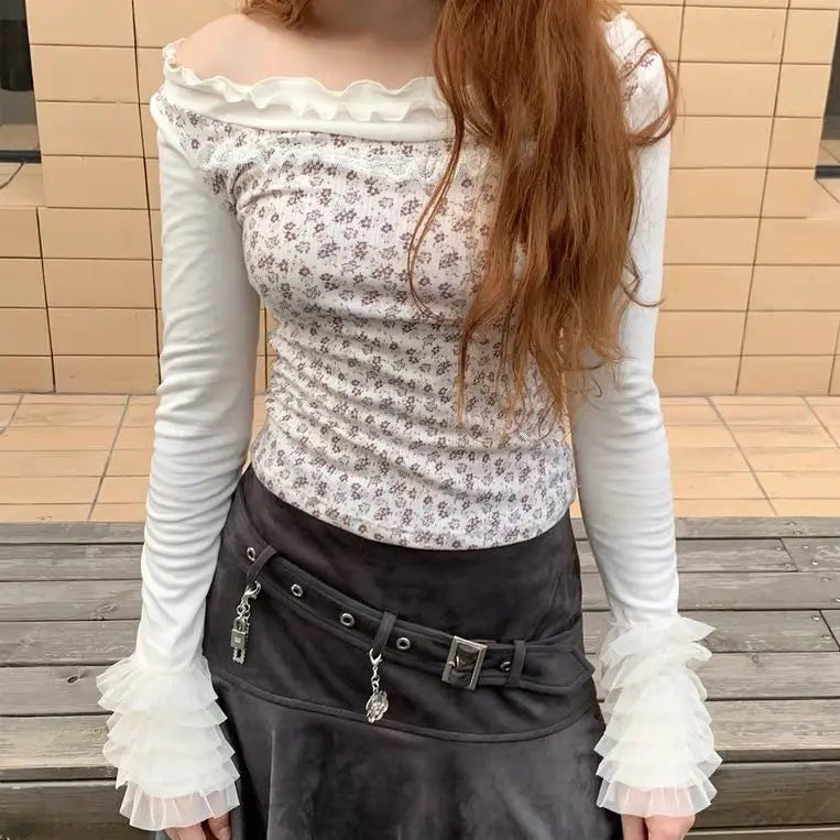 MQTIME - Mesh Fungus Ruffle Flower Graphic Slim Top Off Shoulder T-Shirt Women Fall T Shirt harajuku fairycore 2000s y2k grunge aesthetic