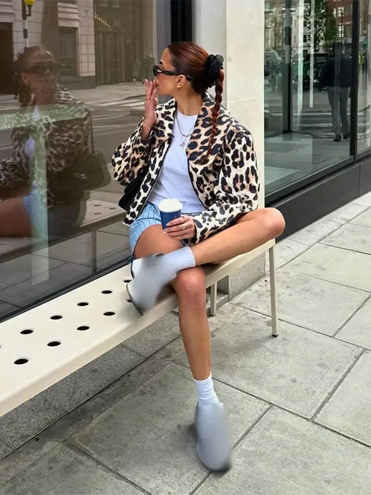 MQTIME - Women Casual Leopard Print Bomber Jacket Elegant Lapel Long Sleeves Zipper Pockets Loose Coat 2024 Autumn Lady High Streetwewar