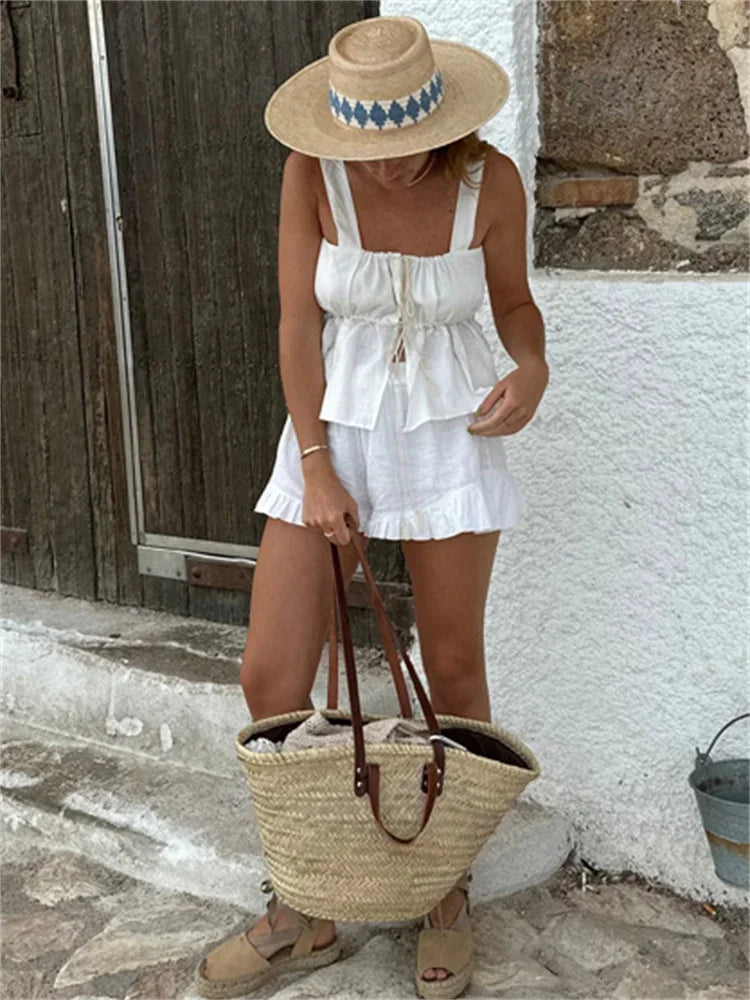 nvxiot - White Lace-Up 2 Piece-Set Shorts Female Slim Square Collar Backless Hollow Out Casual Ruffled Outfits Women's Shorts Sets