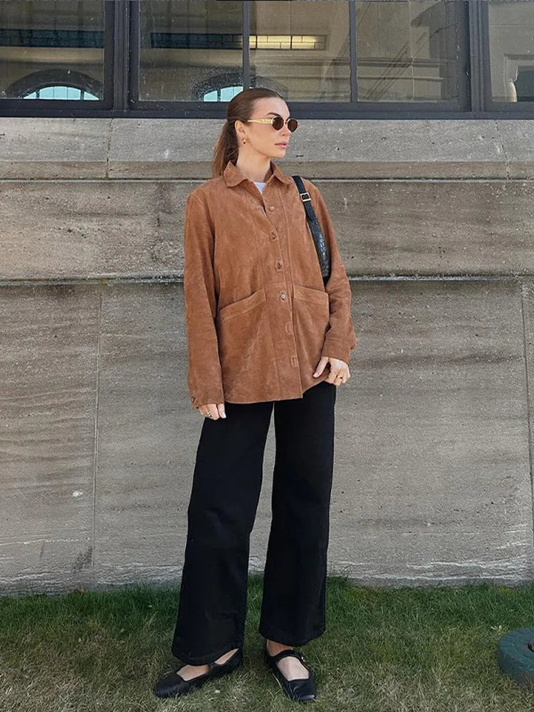 MQTIME - Fashion Suede Turn Down Collar Coat for Women Casual Single Breasted Pocket Loose Female Jackets 2024 Autumn Winter Lady Coats