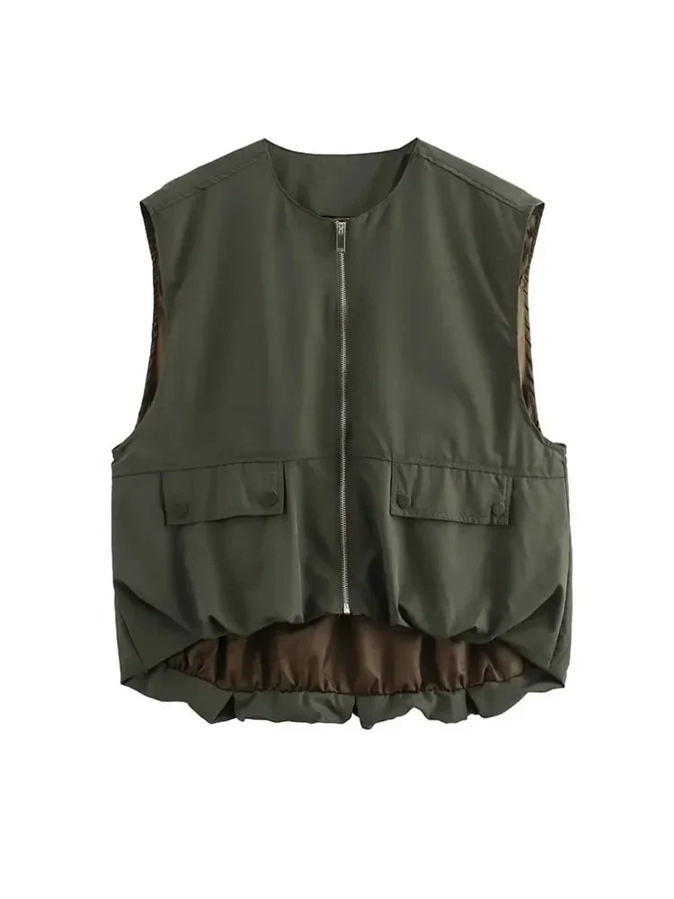 MQTIME - Fashion Zipper Pocket Sleeveless Vest Women Elegant Round Neck Loose Short Waistcoat Casual 2024 Autumn New Lady Street Tops