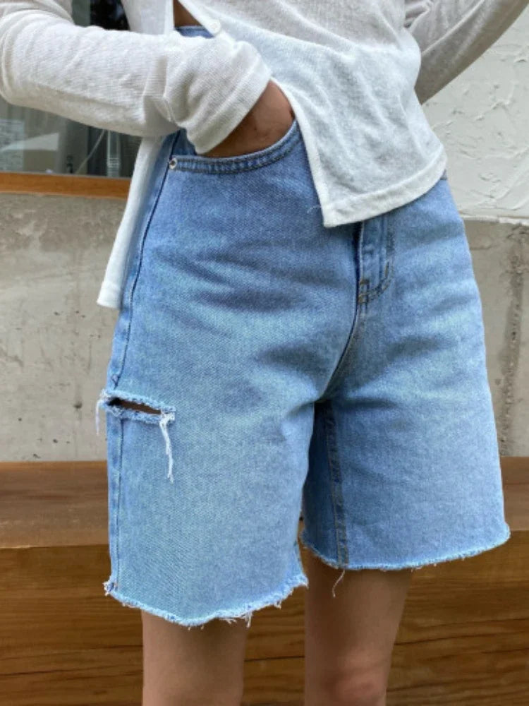 nvxiot - Women Baggy Denim Pants Summer High Waist Korean Streetwear Ripped Jeans Woman Vintage Blue Button Jeans Shorts